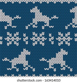 Seamless knitting pattern with horses and snowflakes