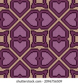 Seamless knitting pattern in magenta and beige colors, vector pattern as a fabric texture