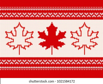 Seamless knitting pattern with maple leaves and ornamental stripes in red and white colors