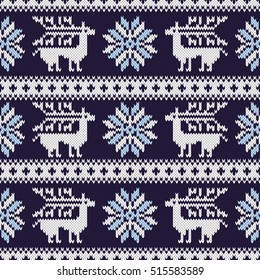 Seamless knitting pattern with snowflakes and deer. Blue Christmas sweater design in the scandinavian style. Vector knitted texture