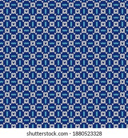Seamless knitting pattern with swirl elements in in blue and white hues, vector pattern as a fabric texture