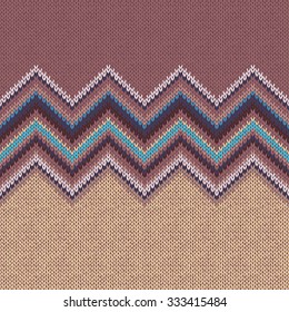 Seamless knitting pattern with wave ornament in brown beige blue white yellow color