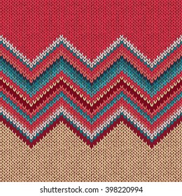 Seamless knitting pattern with wave ornament in red blue white yellow color