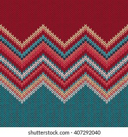 Seamless knitting pattern with wave ornament in red blue white yellow color