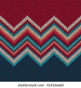 Seamless knitting pattern with wave ornament in red blue white yellow color