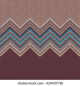 Seamless knitting pattern with wave ornament in brown beige blue white yellow color
