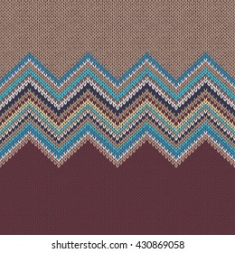 Seamless knitting pattern with wave ornament in brown beige blue white yellow color