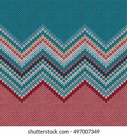 Seamless knitting pattern with wave ornament in red blue white yellow color