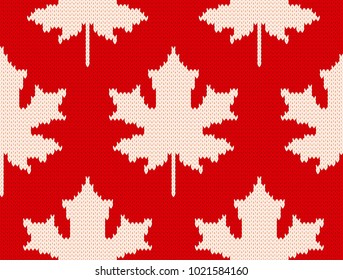 Seamless knitting pattern with white maple leaves on red background