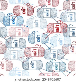 Padrão de tricô sem costura com agulhas de bola de fio e texto de tricô sobre fundo branco, design vetorial, impressão de repetição universal minimalista, perfeito para decoração artesanal, têxtil, papel de parede, criação elegante