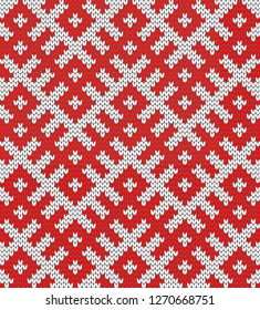 Seamless Knitting Pattern.Based on traditional Russian ornament.Red and white.Wool Knit Texture Imitation.DISABLING LAYERS, you can obtain seamless pattern.