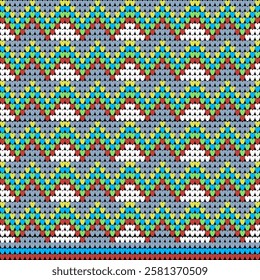Seamless knitting triangles in yellow, red, and blue patterns. Vector Illustration. Design for cotton or thread sweaters, cotton or thread jumpers, carpets, blankets, and rugs.