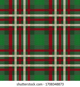 Seamless knitting vector pattern as a tartan plaid mainly in green hues with red and white lines