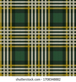 Seamless knitting vector pattern as a tartan plaid in green hues with khaki and beige lines