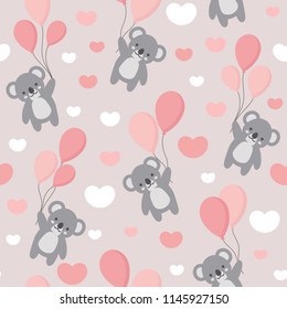 Seamless Koala Pattern Background, Happy cute koala flying in the sky between colorful balloons and clouds, Cartoon Koala Bears Vector illustration for Kids