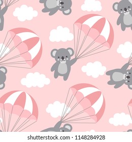 Seamless Koala Pattern Background, Happy cute koala flying in the sky between colorful balloons and clouds, Cartoon Koala Bears Vector illustration for Kids