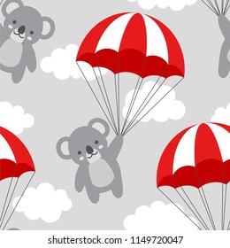 Seamless Koala Pattern Background, Happy cute koala flying in the sky between colorful balloons and clouds, Cartoon Koala Bears Vector illustration for Kids