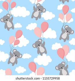 Seamless Koala Pattern Background, Happy cute koala flying in the sky between colorful balloons and clouds, Cartoon Koala Bears Vector illustration for Kids