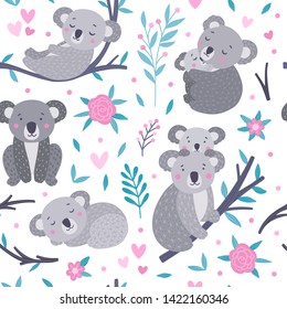 Seamless koala pattern. Cute vector background with koala bears and floral elements