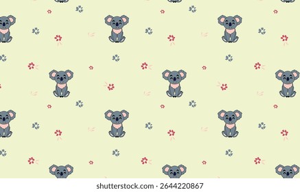 Padrão Koala sem costura com flores no fundo verde claro - Design animal bonito desenhado à mão para crianças