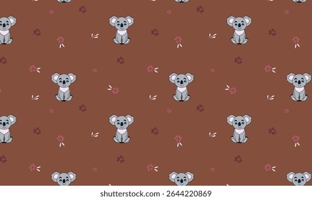 Padrão Koala sem costura com flores no fundo marrom - Design animal bonito desenhado à mão para crianças.