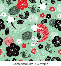 Seamless Koi Carp fish asian illustration background pattern in vector