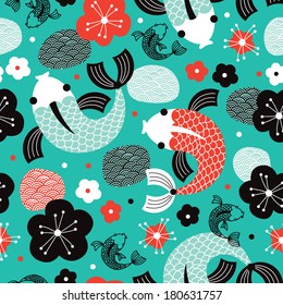 Seamless Koi Carp sushi fish Asian illustration background pattern in vector 