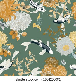 Seamless Koi Fish Pattern Chrysanthemum Design Botanical Wallpaper Asian