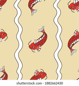 Seamless Koi Fish Pattern, Retro Style Illustration, Vector EPS 10.