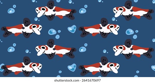 Seamless Koi Fish Underwater Pattern. Seamless pattern with white and red koi fish swimming among blue bubbles on dark background. Flat cartoon style, stylized aquatic illustration.