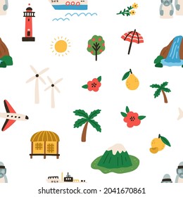 Seamless Korean pattern with Jeju islands landmarks on white background. Travel Korea, repeating backdrop with mountains, waterfall, lighthouse, fruits, plane and harubang. Flat vector illustration