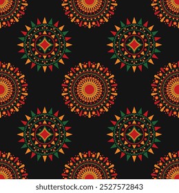 Seamless kwanzaa pattern with circular and star shapes forming a mandala, in green, red, orange and yellow on black background