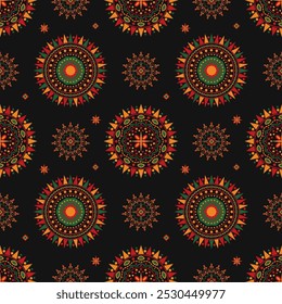 Seamless kwanzaa pattern with circular and star shapes forming a mandala, in green, red, orange and yellow on black background