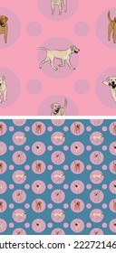 Seamless Labrador dog pattern, holiday texture. Square format. Pink, blue packaging, textile, fabric, decoration, wrapping paper.Trendy hand-drawn dogs wallpaper. Holiday background with circles.