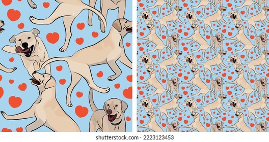 Seamless Labrador Retriever dog pattern, holiday texture. Packaging, textile, decoration, wrapping paper. Trendy hand-drawn funny breed wallpaper. Fun seamless Retriever square pattern with hearts.Lab