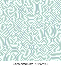 Seamless labyrinth background with punctuation marks in three easily adjustable colours, currently green and blue on white.