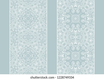 Seamless lace border set. Geometric doodle repeating texture, hand drawn vector illustration. Isolated white lacy vintage design element