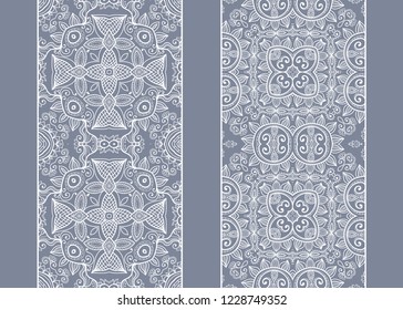 Seamless lace border set. Geometric doodle repeating texture, hand drawn vector illustration. Isolated white lacy vintage design element