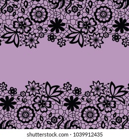 Seamless lace border. Vector illustration. Black lacy vintage elegant trim.
