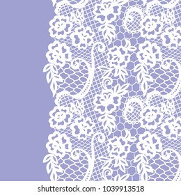 Seamless lace border. Vector illustration. White lacy vintage elegant trim.