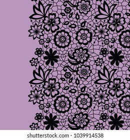 Seamless lace border. Vector illustration. Black lacy vintage elegant trim.