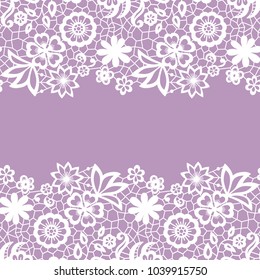 Seamless lace border. Vector illustration. White lacy vintage elegant trim.