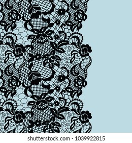 Seamless lace border. Vector illustration. Black lacy vintage elegant trim.