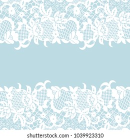 Seamless lace border. Vector illustration. White lacy vintage elegant trim.