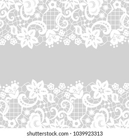 Seamless lace border. Vector illustration. White lacy vintage elegant trim.