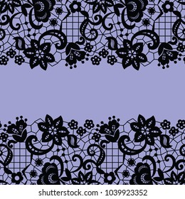 Seamless lace border. Vector illustration. Black lacy vintage elegant trim.