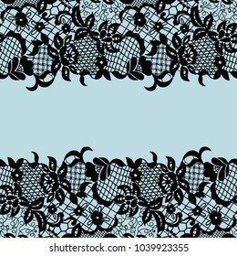 Seamless lace border. Vector illustration. Black lacy vintage elegant trim.