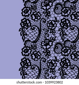 Seamless lace border. Vector illustration. Black lacy vintage elegant trim.