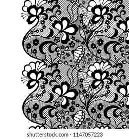Seamless lace border. Vector illustration. Black lacy vintage elegant trim.