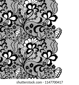 Seamless lace border. Vector illustration. Black lacy vintage elegant trim.